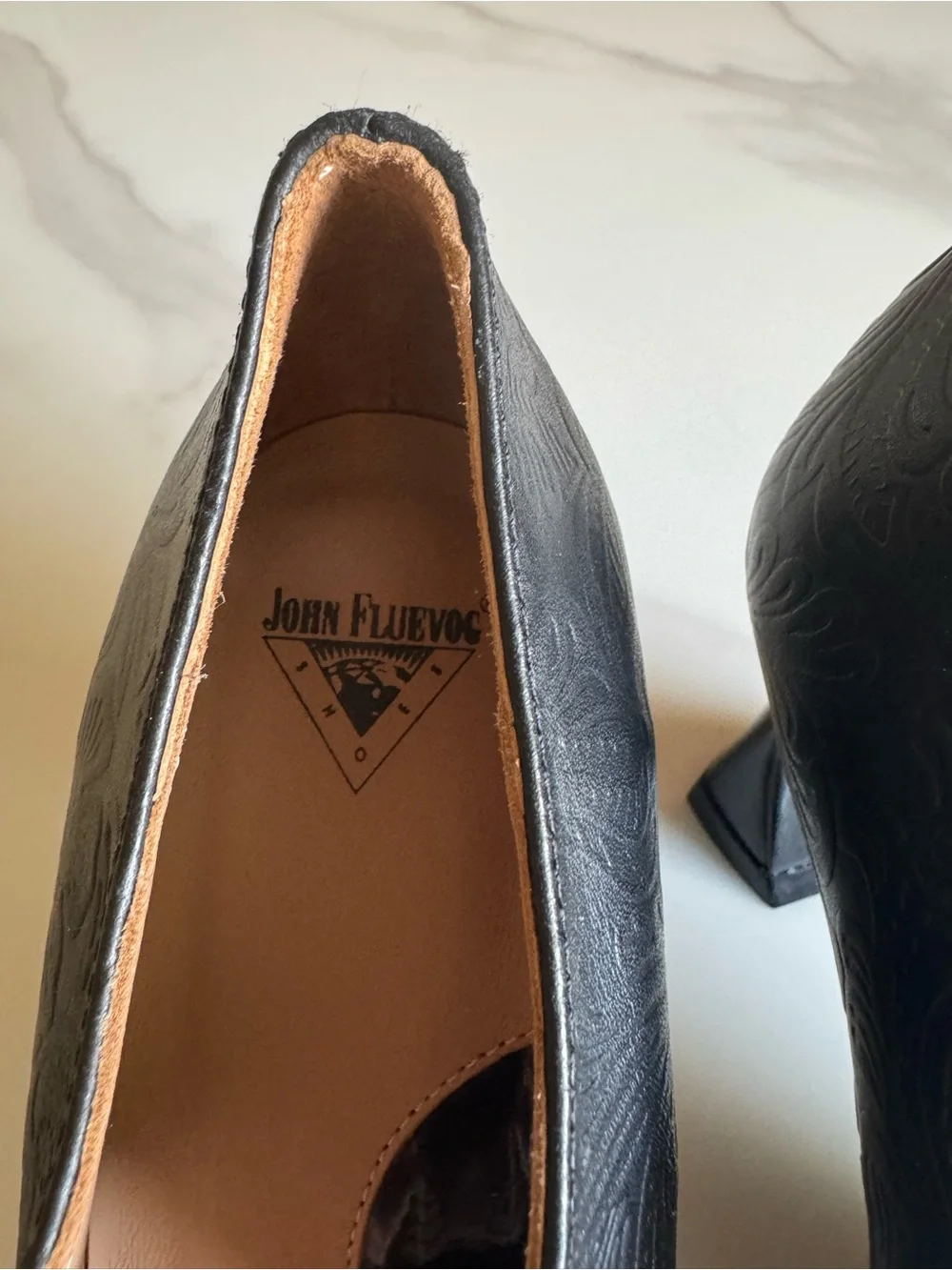 John Fluevog Malala Big Presence Black Embossed Leather Mary Jane Heels 7